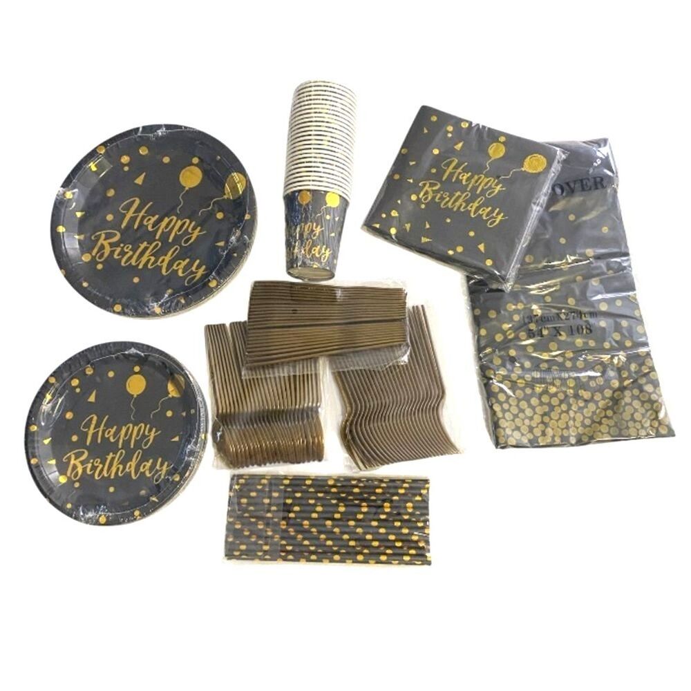 Happy Birthday Disposable Tableware Set Of 20 New Black and Gold Sealed